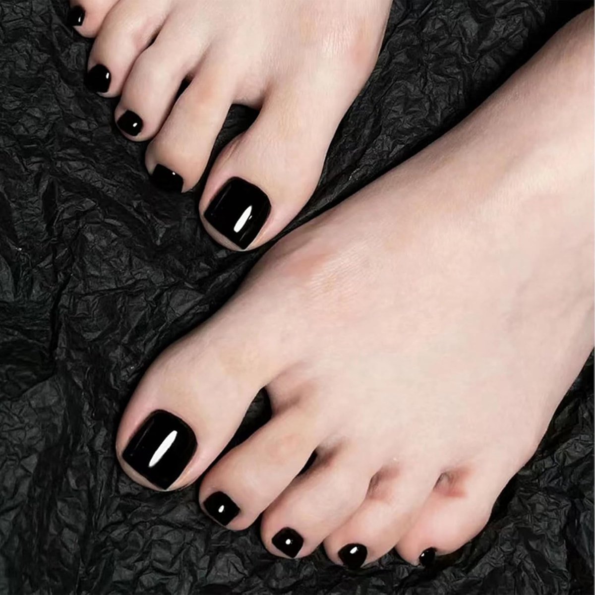 24 stuks teennagels, zwarte teennagels om te plakken, vierkante kunstteennagels, volledig dekkende glanzende afwerking, acrylmateriaal voor nail art, doe-het-zelf
