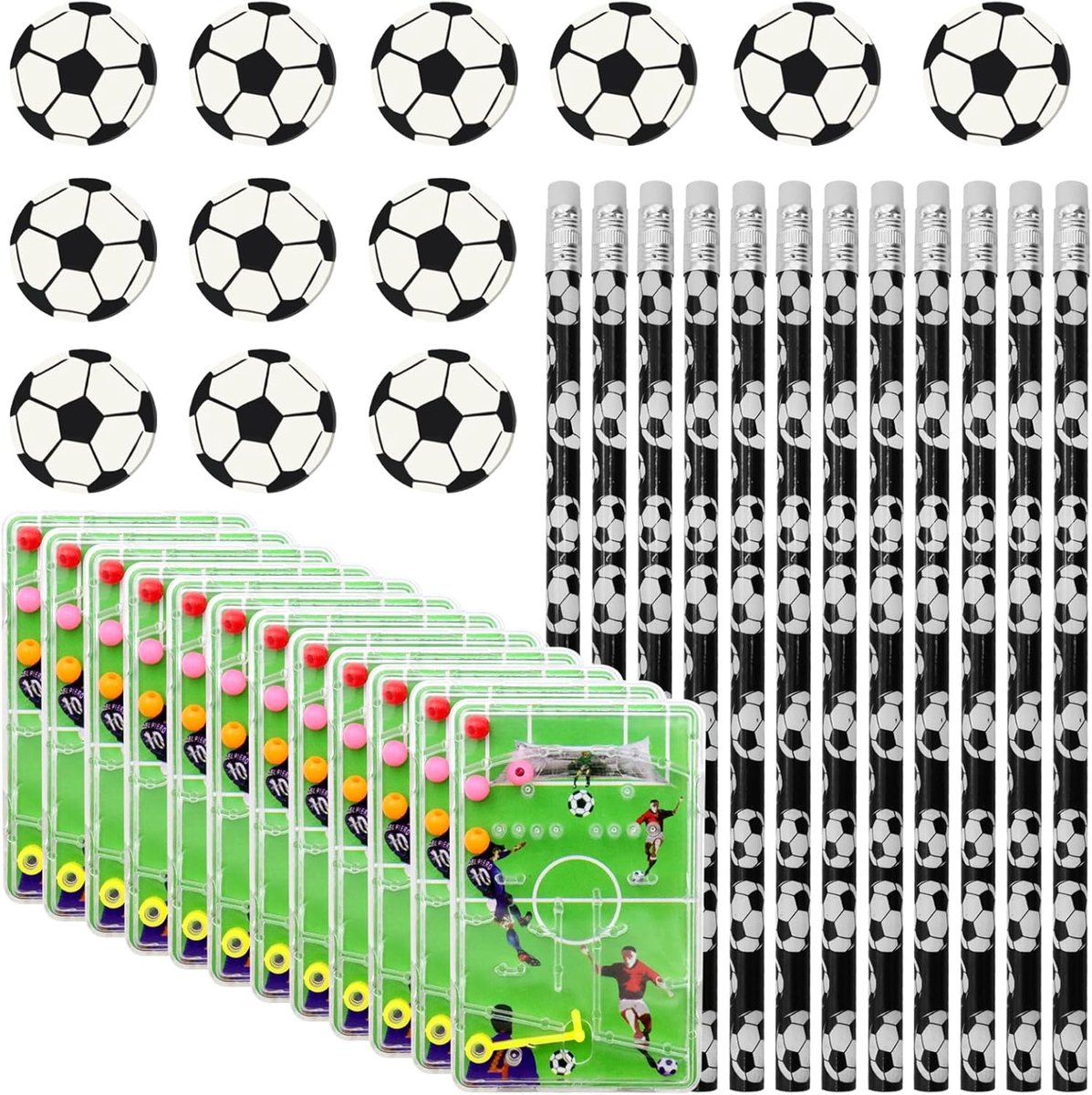 12 voetbalcadeautjes potloden en kunststof gum, flipperspel speelveld, decoratie voor verjaardag kinderen, school