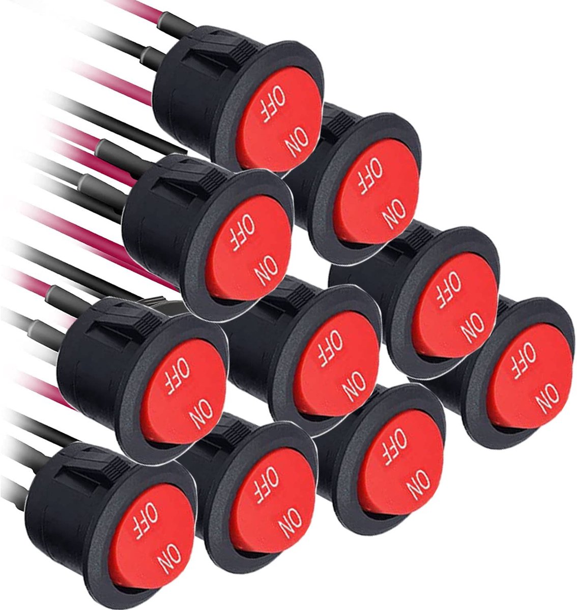 10 x ronde tuimelschakelaar, 12 V, tuimelschakelaar voor auto, SPST 2-polig, aan/uit, 6 A/250 V, 10 A/125 V AC, voor auto's, boten, rood