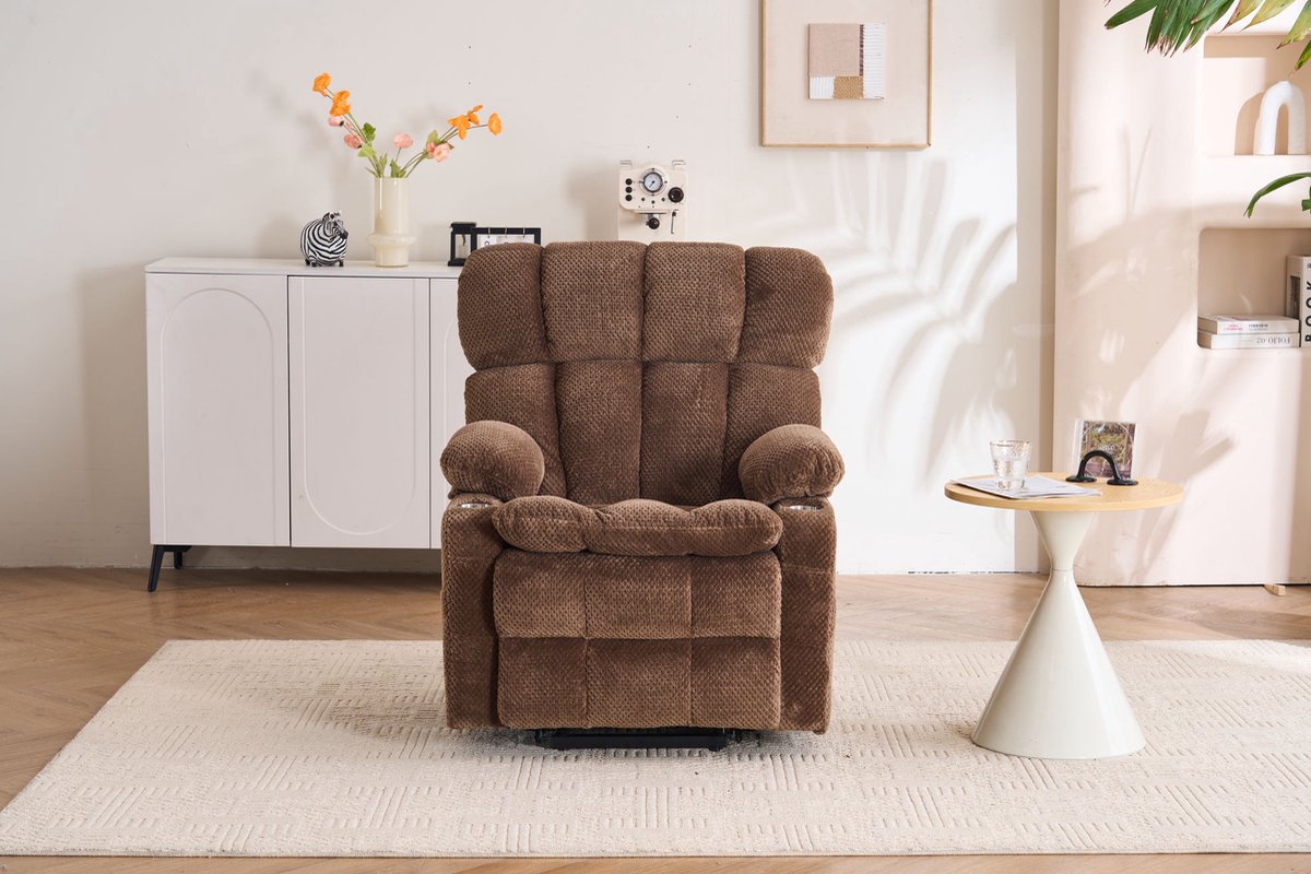 MODENUIT Relaxfauteuil 91 cm - 2 Motoren Met Sta-opfunctie En Massage - Voor Woonkamer - Flanel - Bruin – foto 8