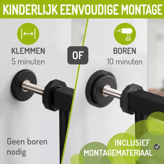 Illustratie van een zwart hekje dat zowel met klemmen als met boren kan worden bevestigd.