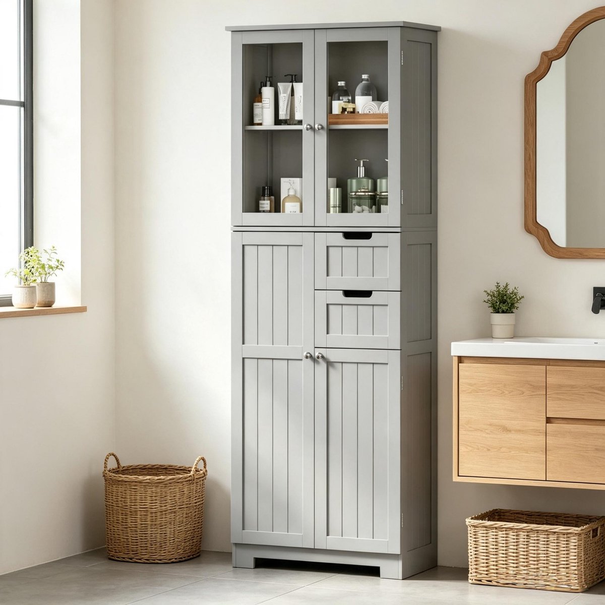 COVREO Badkamerkast 60x30x170 cm grijs MDF en glas, met 2 laden