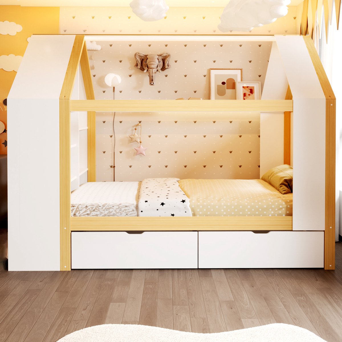 VVBV Kinderbed 90x200 cm - Opbergruimte, Huisvorm, LED-Verlichting, Met Lades - Naturel/Wit, Massief Hout