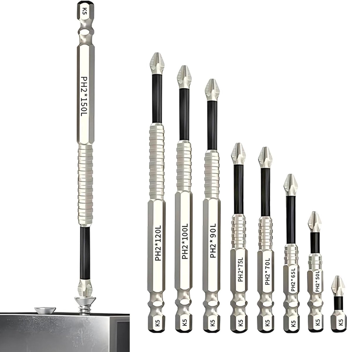 9-delige Antislip Schroevendraaier Boorbitset met Sterke Magnetische Bits voor Precisiewerk (25-150mm) - Ideaal voor Klusjesmannen en Doe-Het-Zelvers