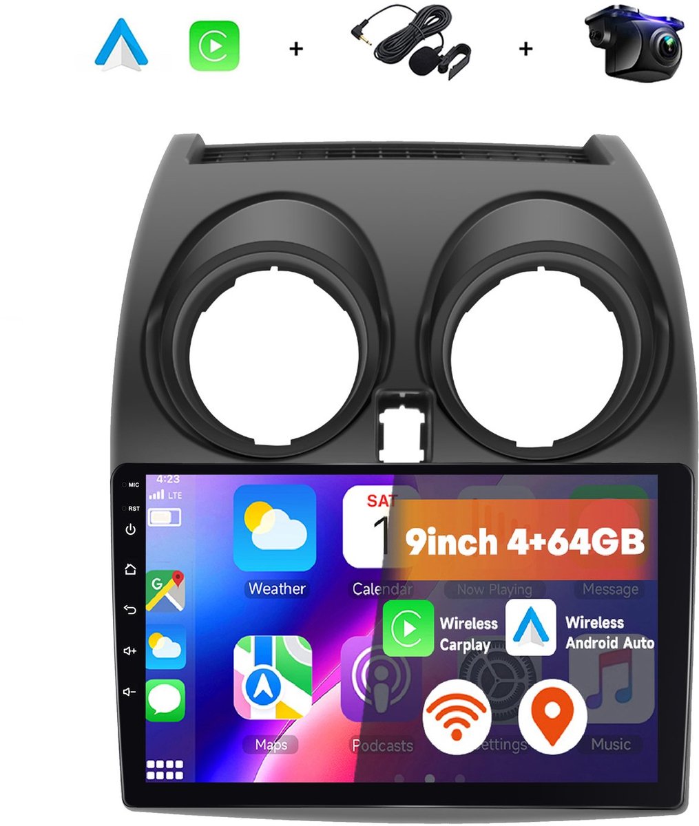 Boscer 2 Din Autoradio - Geschikt voor Nissan Qashqai (2006-2016) - Draadloos Apple CarPlay & Android Auto - 9 Inch HD Touchscreen - Android 15 - 4+64GB - GPS - WiFi, Bluetooth & USB - Achteruitrijcamera & Microfoon