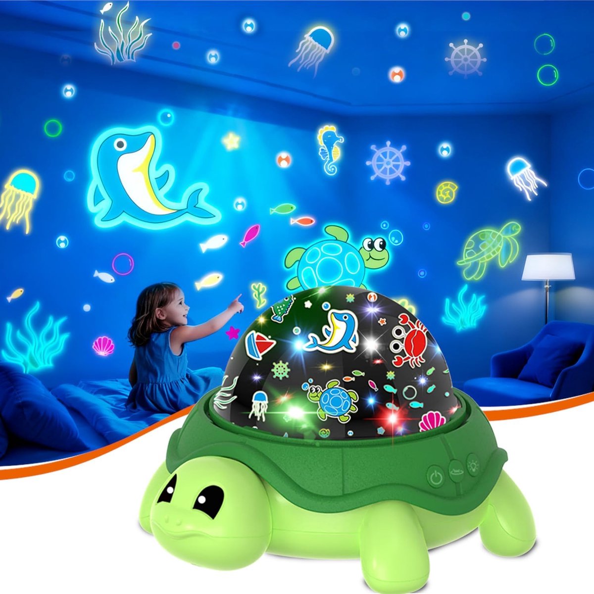 Groente schildpad kinder sterrenprojector 360° draaibaar, 14 kleuren USB gevoed, speelgoed voor 3-8 jaar | Energieklasse A