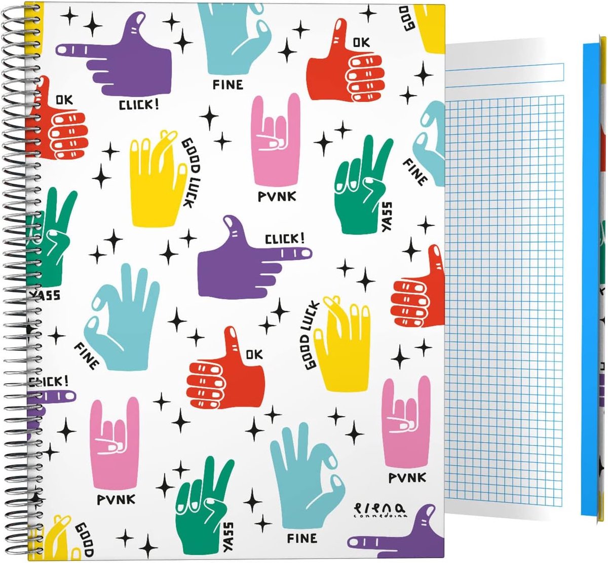 16502643 notitieboek hardcover A4, geruit 5 x 5, 5 kleurstrepen, hands, collectie Elena Corredoira, FSC-gecertificeerd