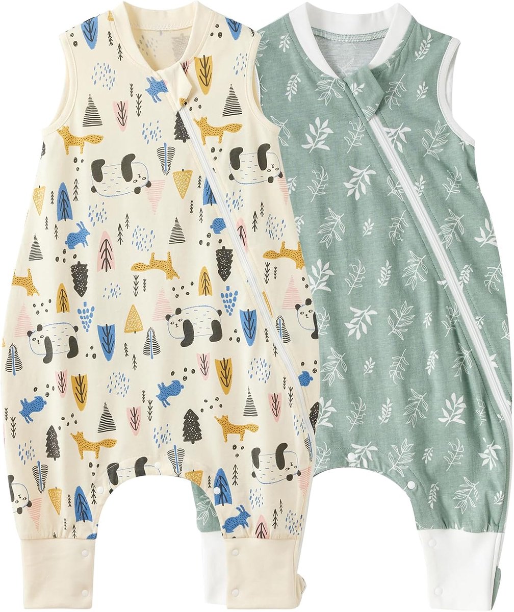 Babyslaapzak met voeten, 2 stuks, 0,5 TOG, voor het hele jaar, cartoon, jongensslaapzak, licht hoogwaardig katoen, kinderslaapzak, geschikt voor kinderen van 6 maanden tot 6 jaar