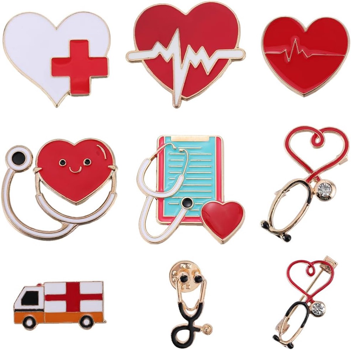 1 Doos 9Pcs Emaille Medische Pins Verpleegkundige Broche Set Legering Leuke Hart Stethoscoop Verpleegkundige Thema's Broche Badges Veiligheid Revers Pin Broches Accessoires Bulk Voor Vrouwen