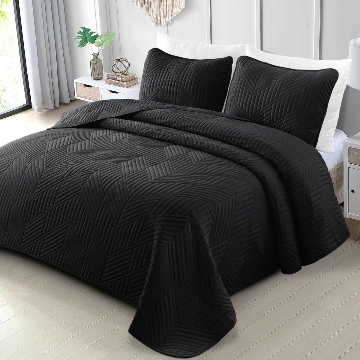 Mezcla Gewatteerde Bedsprei - Licht, Zacht en Modern Geometrisch, voor Alle Seizoenen, 240x260 cm, Zwart (1 Oversprei en 2 Kussenslopen)