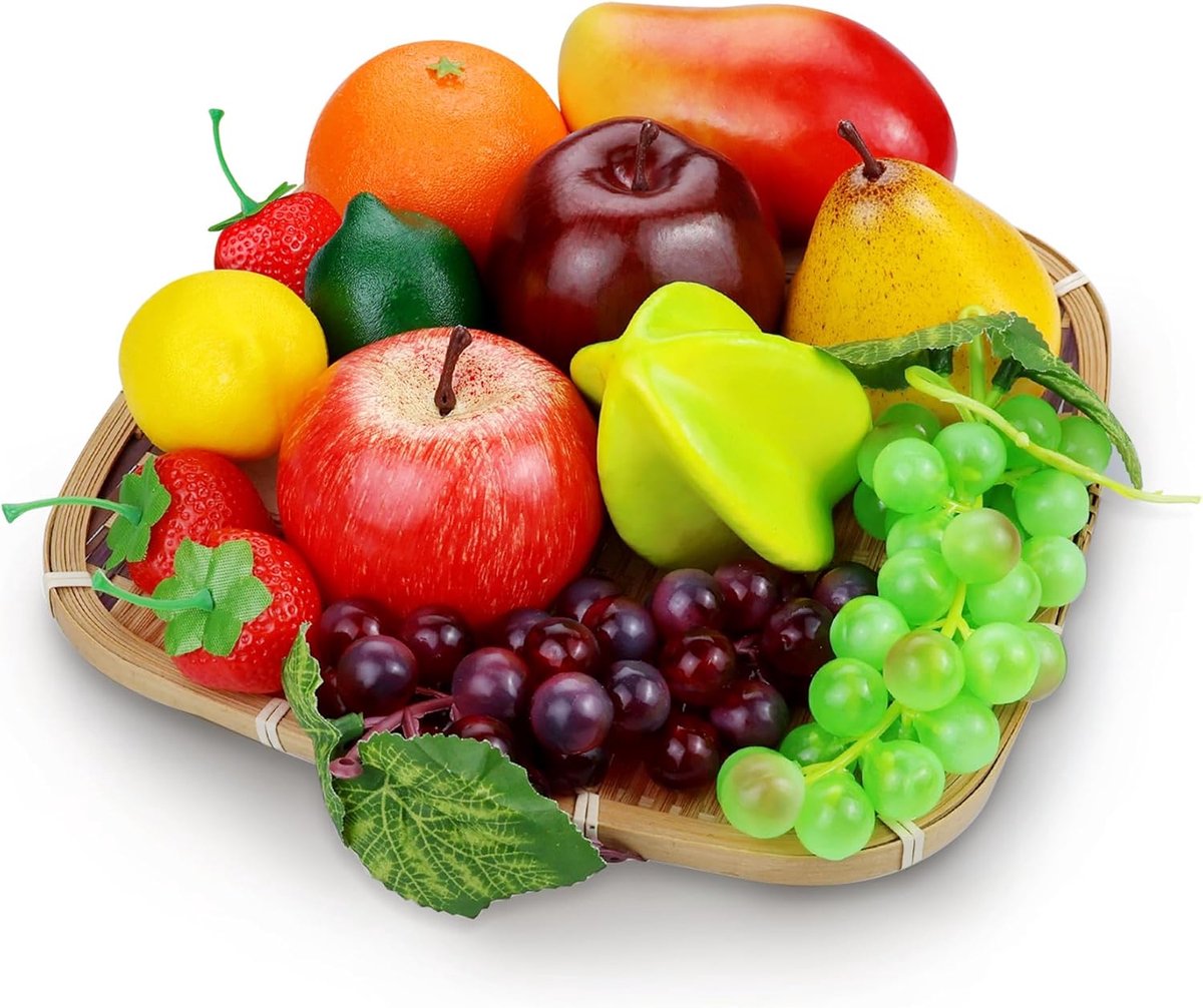 Kunstfruit voor decoratie, realistisch nepfruit als tafelversiering, plastic fruit voor decoratie, nepappels, sinaasappels, druiven, citroenen