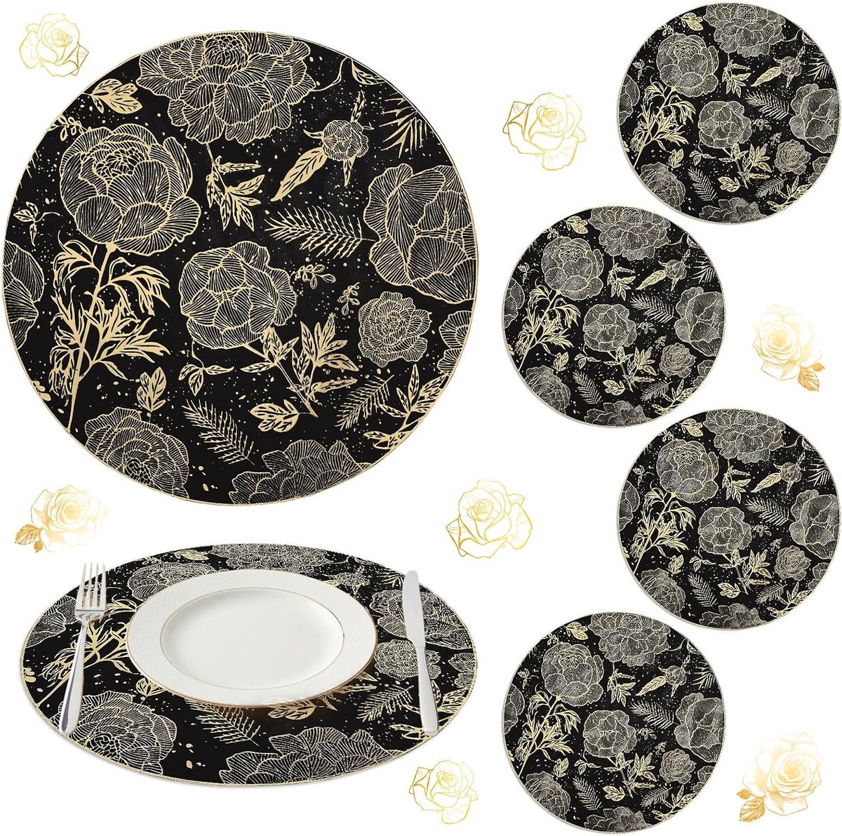 Placemats, set van 6, 38 cm, wasbare vinyl placemats met metallic bloemmotief, water- en oliebestendige tafelmatten voor de keuken, eetkamer en feestversiering