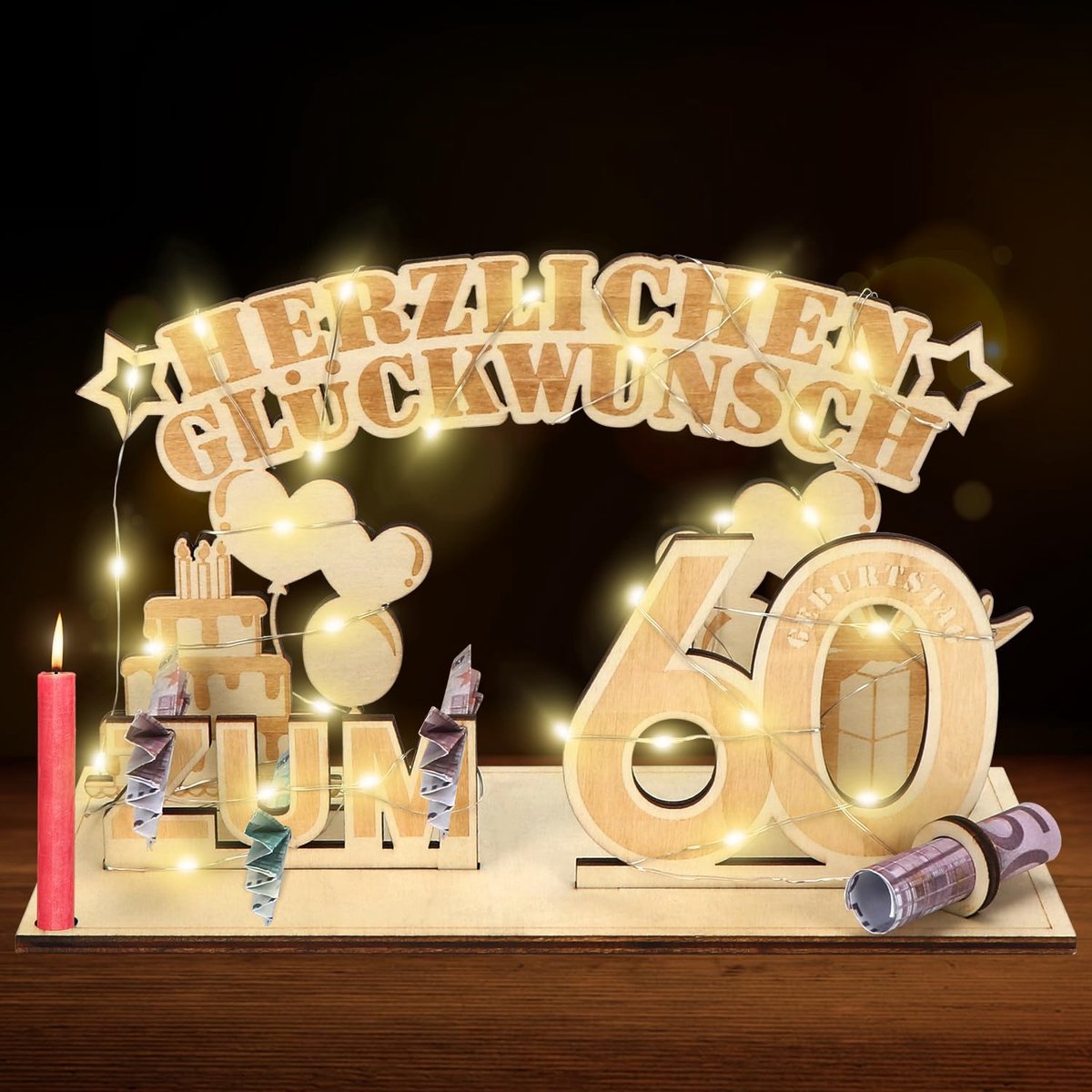 60e verjaardag, 60e cadeaudecoratie met LED-lichtslinger, houten cadeaus voor de 60e verjaardag van mannen en vrouwen, geldgeschenken verjaardag hout voor mannen en vrouwen