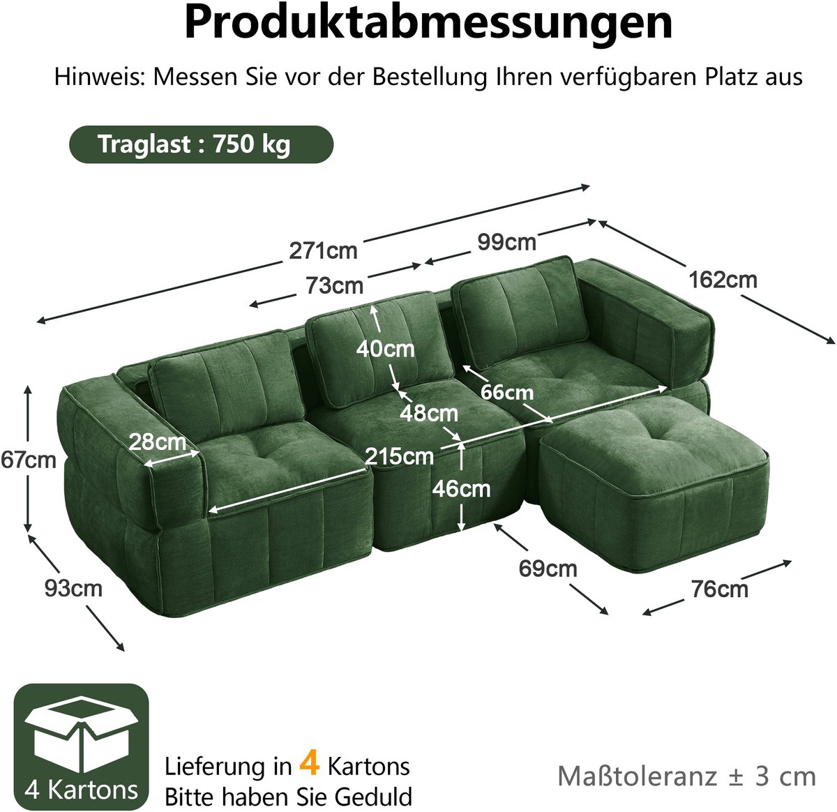 MIVRAY Hoekbank 271 x 162 x 67 cm - Modulaire L Vorm Zonder Frame Met Hocker En 32D Schuim - Voor Woonkamer - Polyester Groen