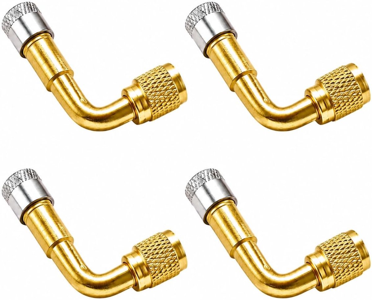 4 stuks 90 graden ventielverlenging, van koper, bandenventielverlenging met afdichting, adapter autoventiel voor auto, vrachtwagen, motorfiets, camper, ventielverlenging, hoek