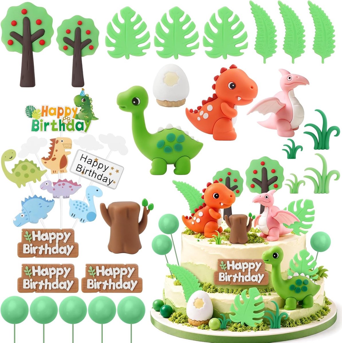 35 stuks taartdecoratie dinosaurusset met vulkaanbomen, eieren, dinosaurus-thema, verjaardagstaart, decoratie, veilig materiaal, niet eetbaar, dinosaurus, taartdecoraties voor verjaardag