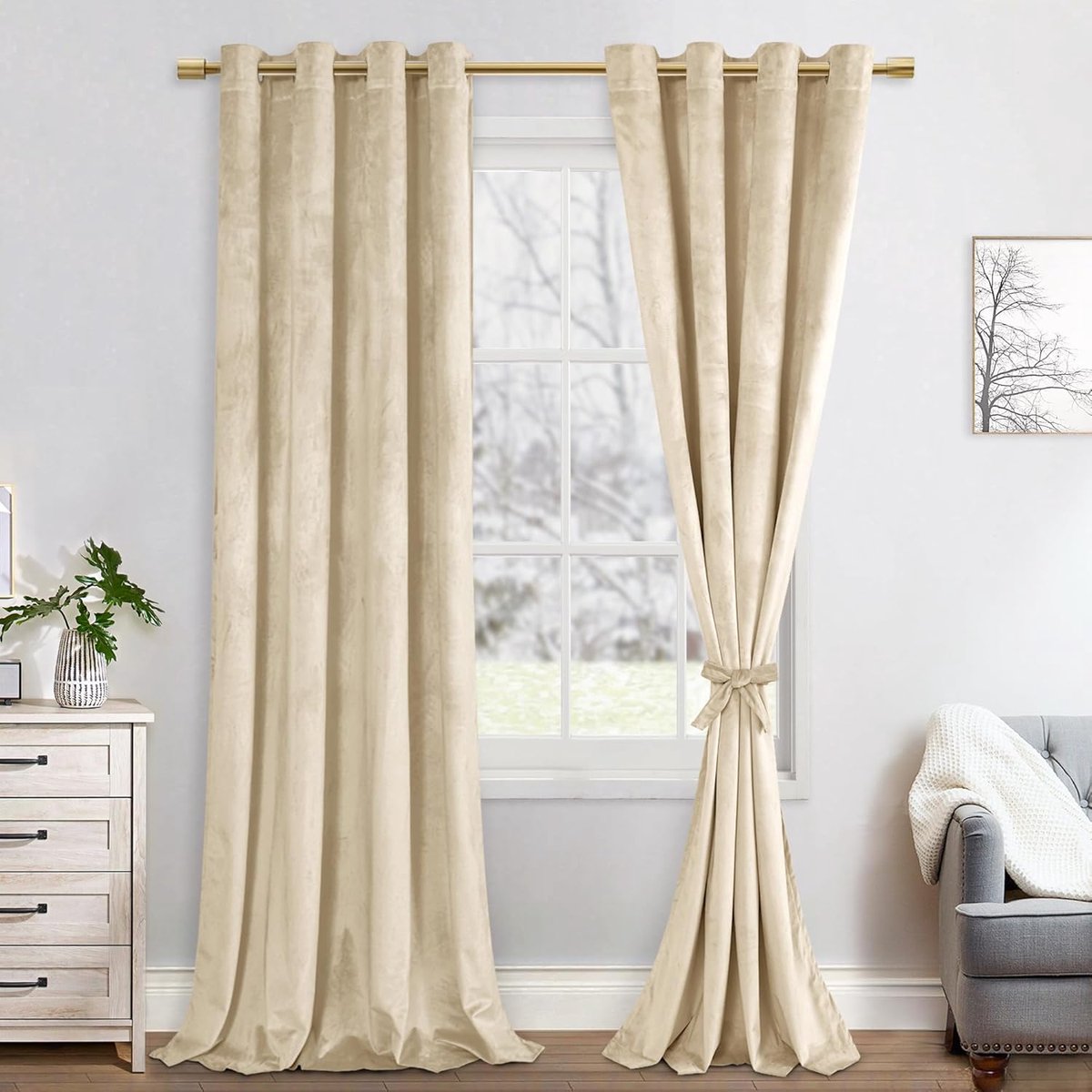 Fluwelen verduisteringsgordijnen, set van 2 beige fluwelen gordijnen, zachte ondoorzichtige gordijnen, groen fluwelen gordijn met oogjes, fluwelen gordijnen voor decoratieve slaapkamer