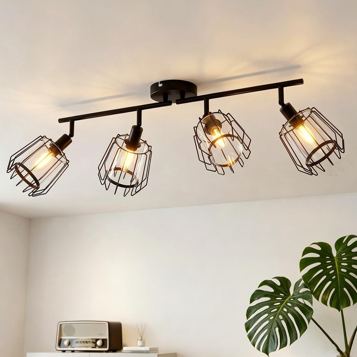 Led-plafondlamp, 4 spots, E14, binnenlamp met kap van acryl, zwart, draaibare plafondspot, plafondlamp voor keuken, slaapkamer, woonkamer, eetkamer (zonder lampen)