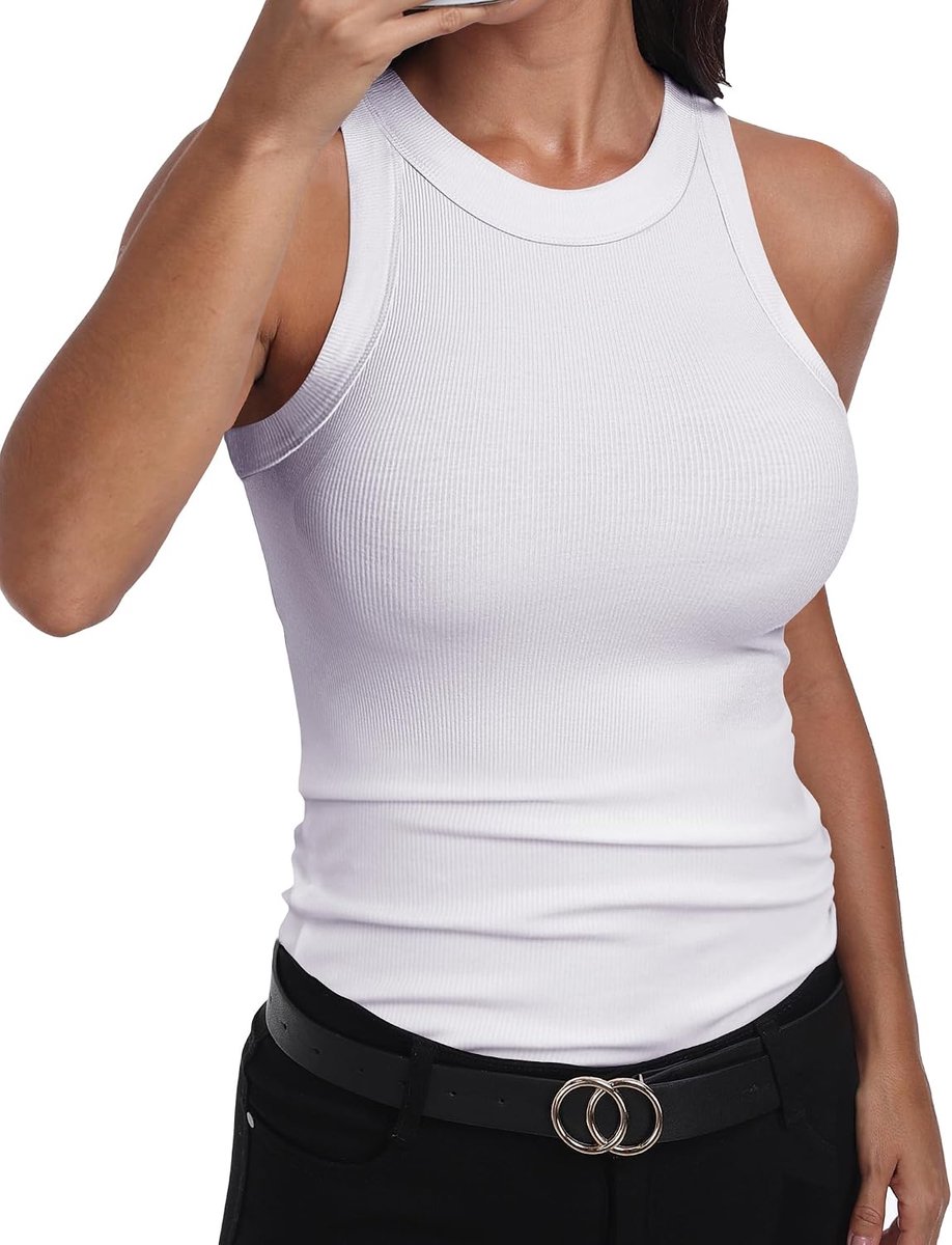 Tanktop voor dames, mouwloos, met racerback, hoge hals, casual, basic, katoen, geribd, getailleerd