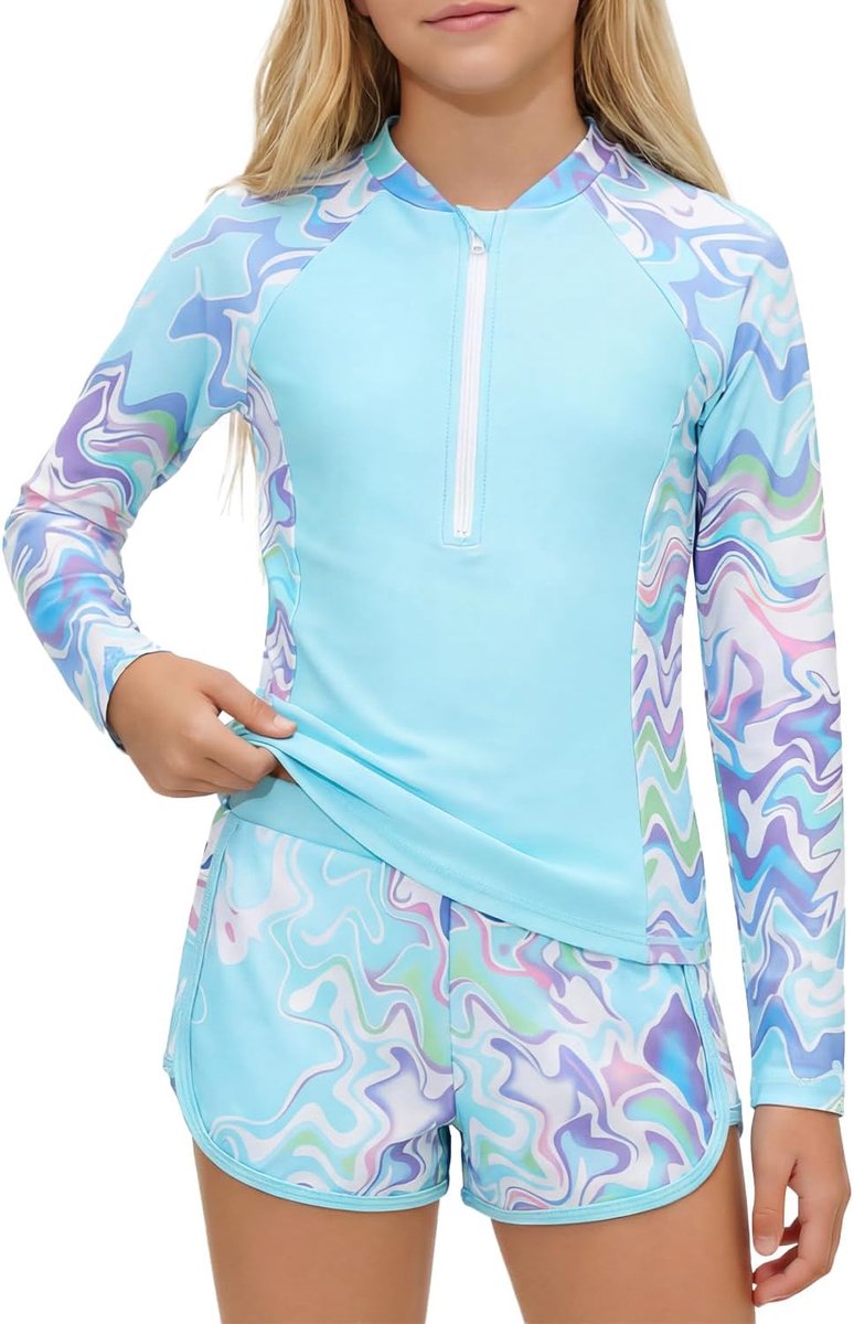 Uv-badpak voor meisjes met gevoerd, lange mouwen, uv-badkleding met badshirt en shorts, zwemshirt, uv-shirt, zwempak, 8-14 jaar