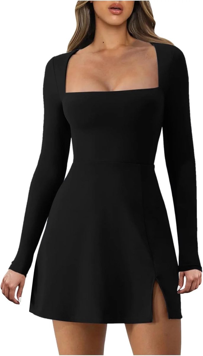 Damesjurk met lange mouwen, sexy, flare, korsetjurk met vierkante hals, nauwe korte split, mini-jurk, stretch, elegant, cocktailjurk, bodycon, korte jurk voor club, party, avond