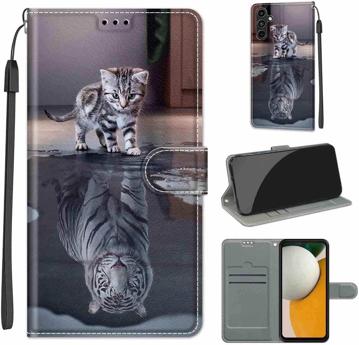 Hoes voor Samsung Galaxy A15 4G/5G, kat y Tigre | Duurzaam PU-leer, Klaphoes met rondom bescherming, Kaartsleuven, Standfunctie