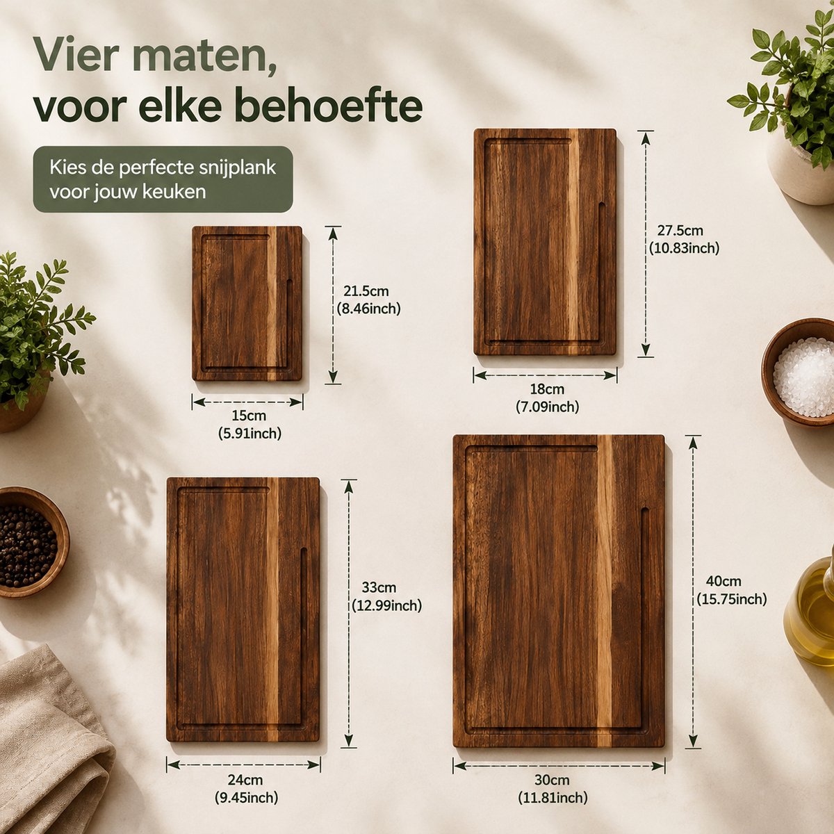 BOTC Houten Snijplanken Set 4-Delig - Snijplank met Sapgeul - Keuken Snijplanken voor Vlees, Groente & Brood - Ook als Serveerplank en Borrelplank — cadeau in Kookcadeaus - foto 7