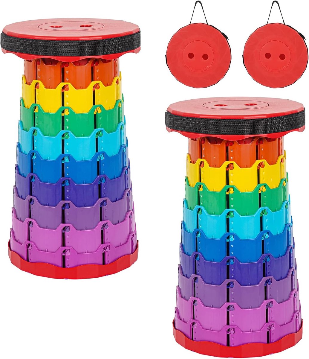 2-pack opvouwbare kruk met kussen, intrekbare draagbare telescoopkruk met maximale draagcapaciteit 180 kg, lichtgewicht inklapbare kruk voor vissen, kamperen, wandelen, buiten BBQ - Rainbow-Rood