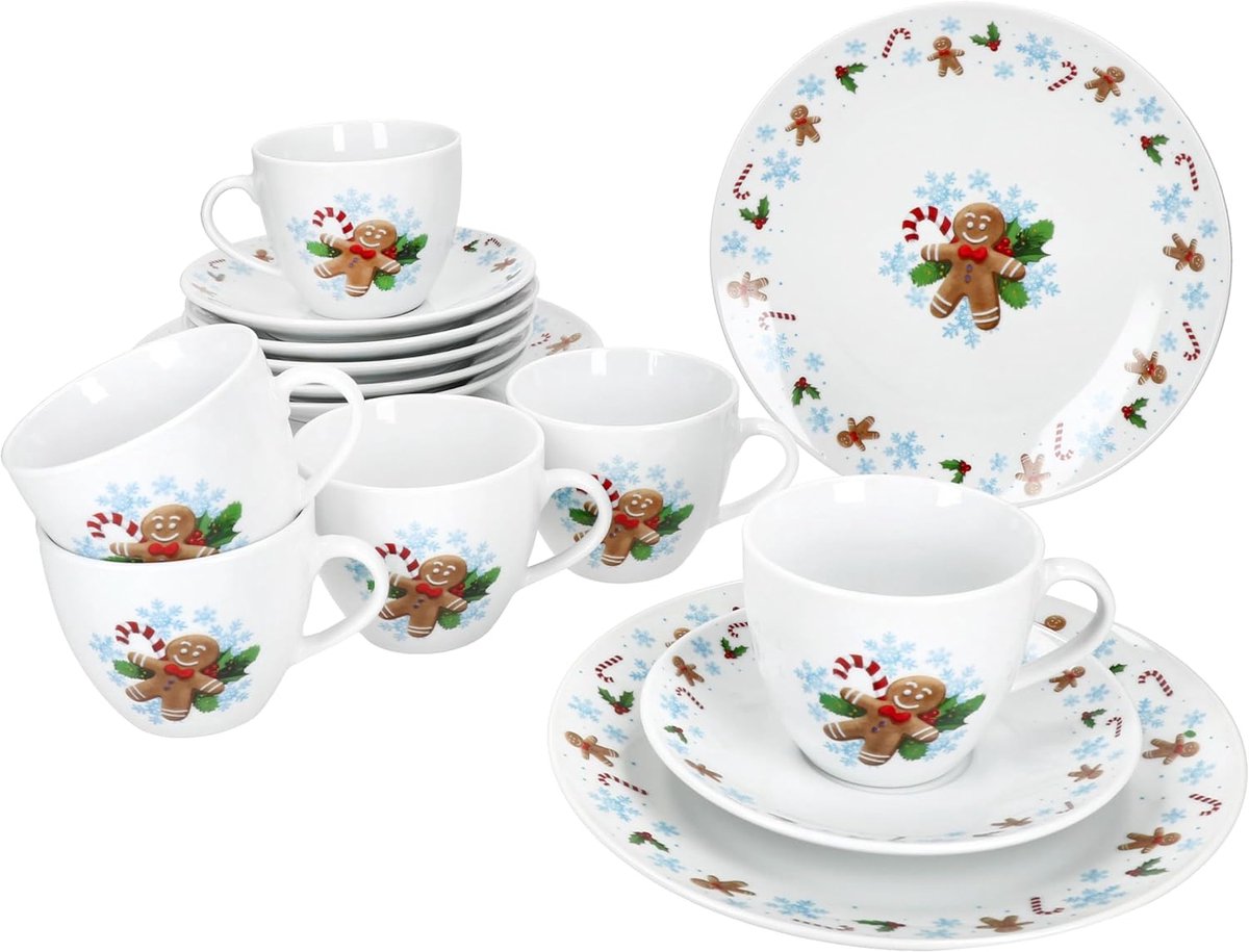 Candyman 18-delig koffieservies, porseleinen koffieset voor 6 personen met ijsblauwe kerstdecoratie, 6 x koffiekopjes 160 ml, schoteltjes en taartborden