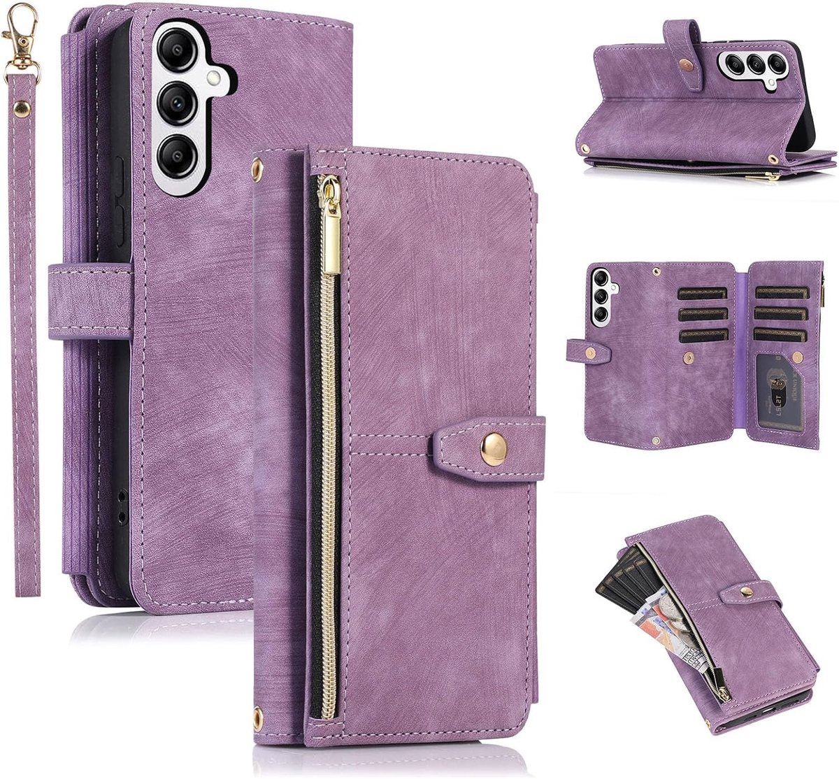 Portemonnee-hoesje voor Samsug Galaxy S26, 9 kaartsleuven, retro lederen portemonneehoesje, schokbestendig flipcover-hoesje met polsbandje, kaartsleuven, zak met rits, standaard, handtas