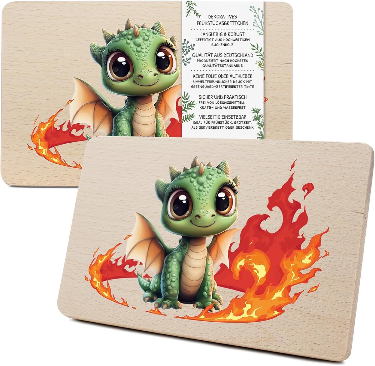 Houten plank voor kinderen, 23,5 x 15 cm, ontbijtplank, broodplank, gepersonaliseerd van hout, diermotief, als cadeau, verjaardag, kind, RV007 (15 draak, zonder gewenste naam)
