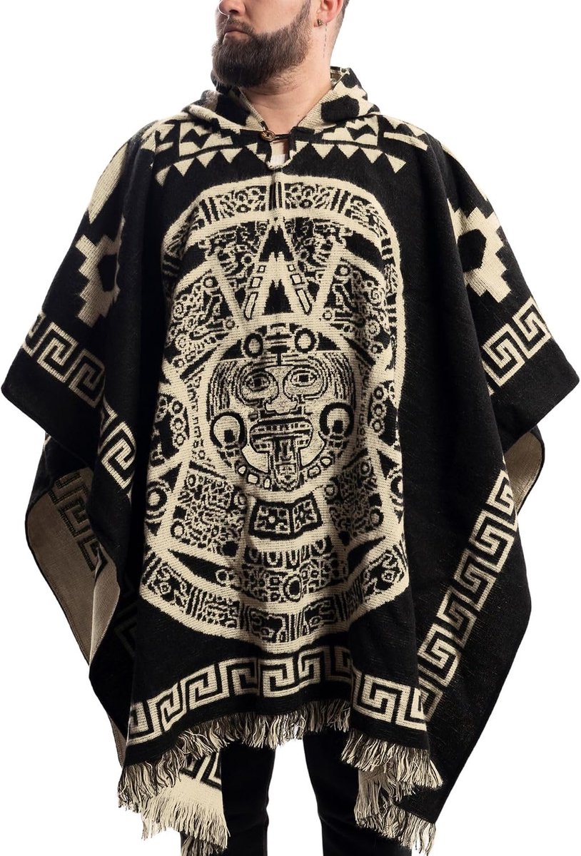 Alpaca Wool Mexican Poncho with Hood for Men Hoodie Pancho Mens Western Hooded Serape
