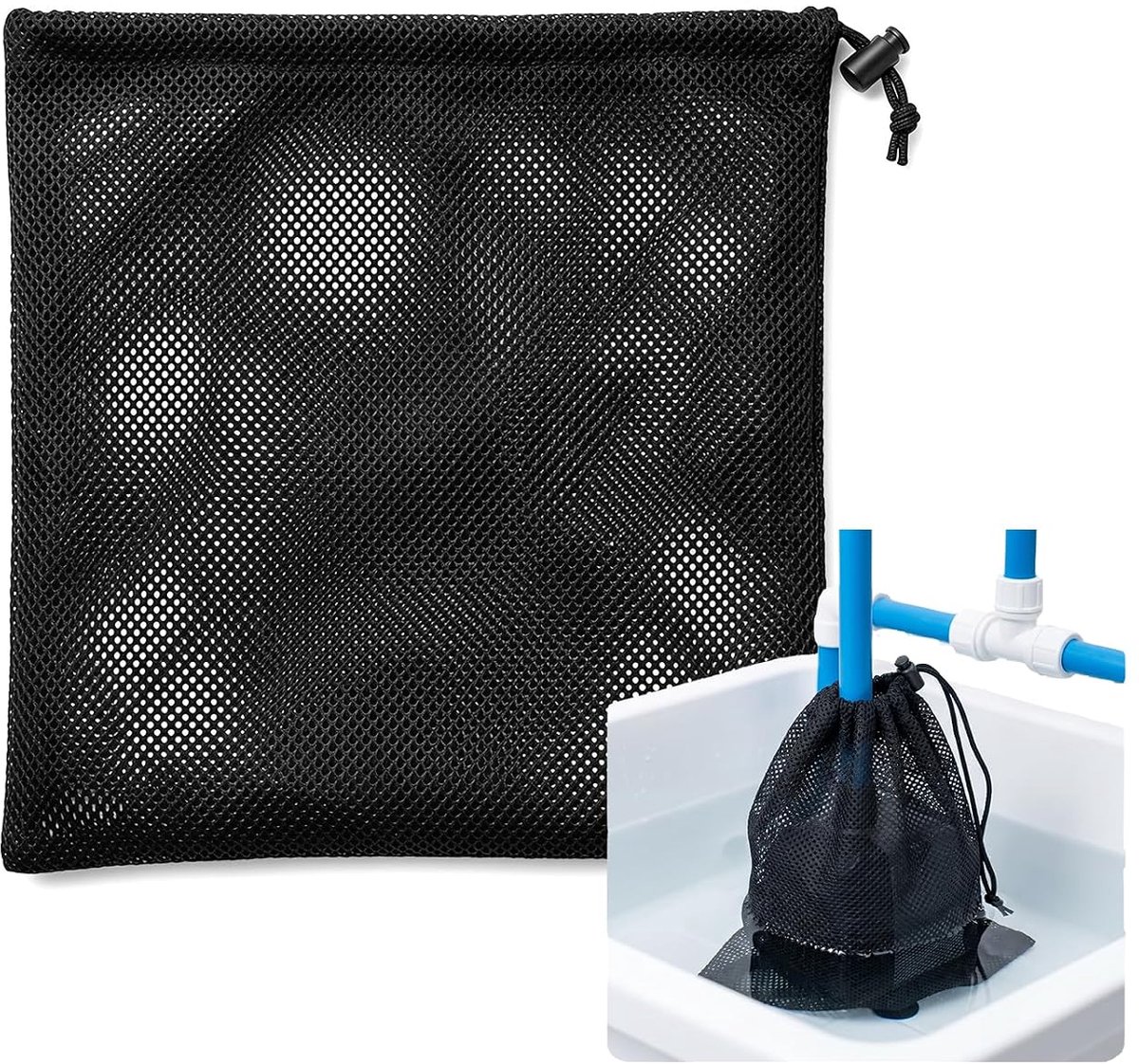 1 stuks pompbeschermhoes, zwarte gaaszakken, met trekkoord, beschermhoes van gaas voor buitenwaterpompen, filterzakken voor waterpompen, voor filters van buitenwatervijvers (zwart, 45×45)