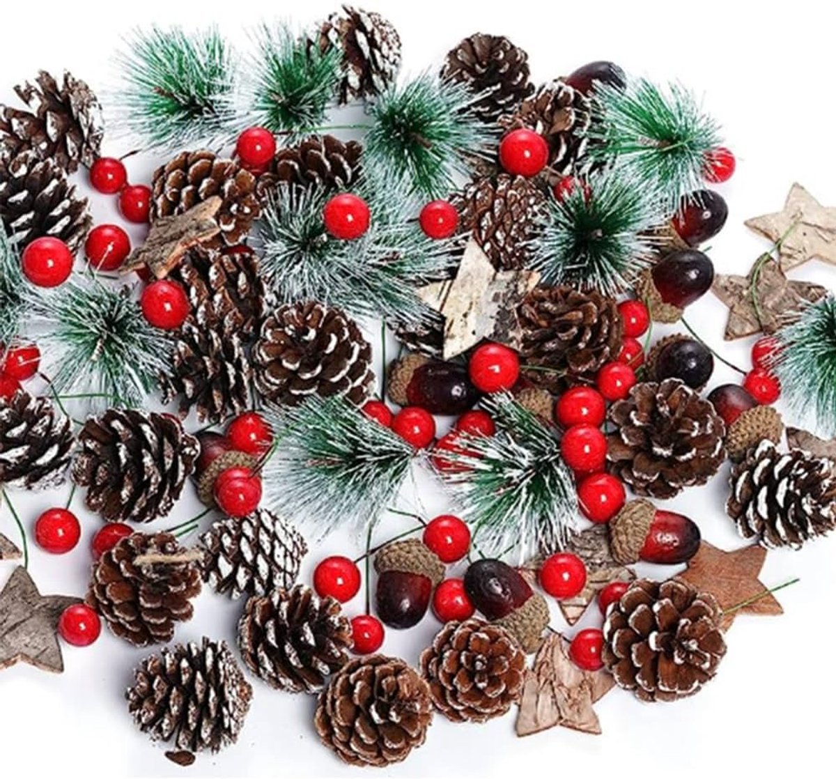 Kunstdennentakken met bessen, kerstdennenappels, decoratieve tak met lariksappels, voor adventskrans, tafeldecoratie, doe-het-zelf, Kerstmis, wanddecoratie, deurdecoratie