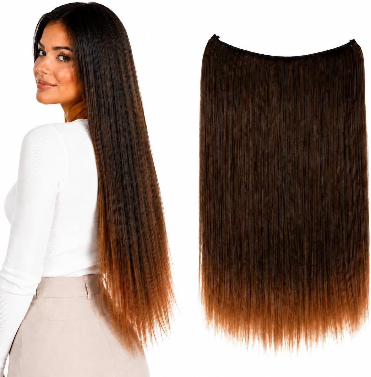 50cm 1 Inslagverlenging Met Elastische Band Haarverlenging Haarstukje Glad Hittebestendig Bruin Mix E121