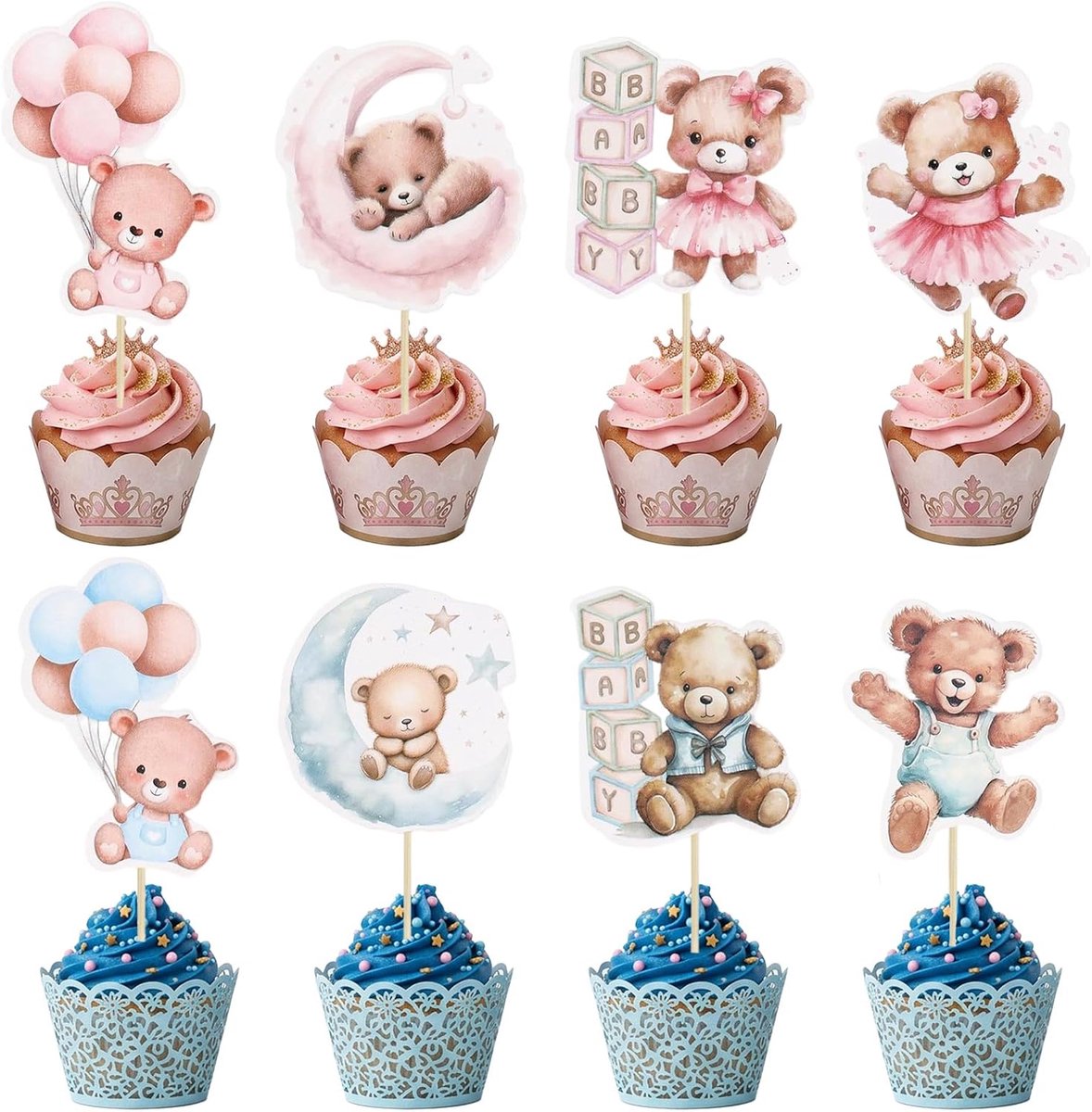24 stuks cupcake-toppen met beer-kuchendecoraties, toppen voor taarten, speelgoed voor baby, decoraties voor desserts, geboorte- en babyfeestjes, gender-onthulingspartij (roze + blauw)