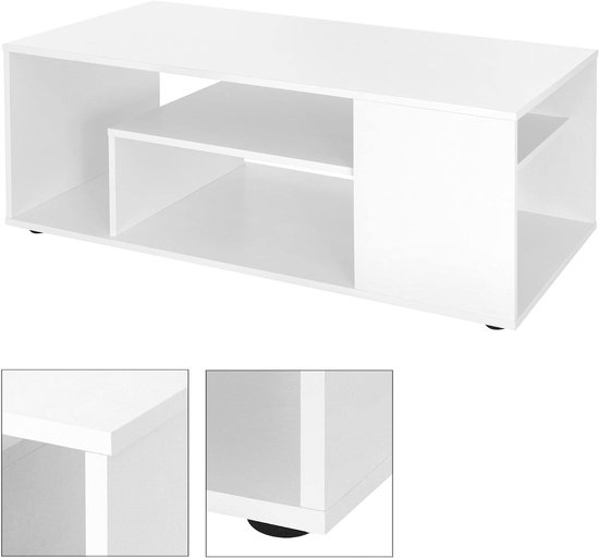 Salontafel in wit 110 x 50 x 41 cm, Ruime salontafel met 4 planken op 3 niveaus, Moderne sofatafel met veel opbergruimte, Houten bijzettafel, Salontafel Houten tafel — afbeelding 3