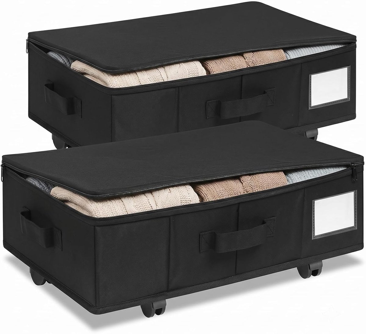 Onderbedcommode met wieltjes, 360 graden draaibaar, 2 stuks, XXL onderbed met opbergdoos met deksel, opvouwbare opbergtas voor kleding, onderbedbox voor dekbedden, kleding (zwart)