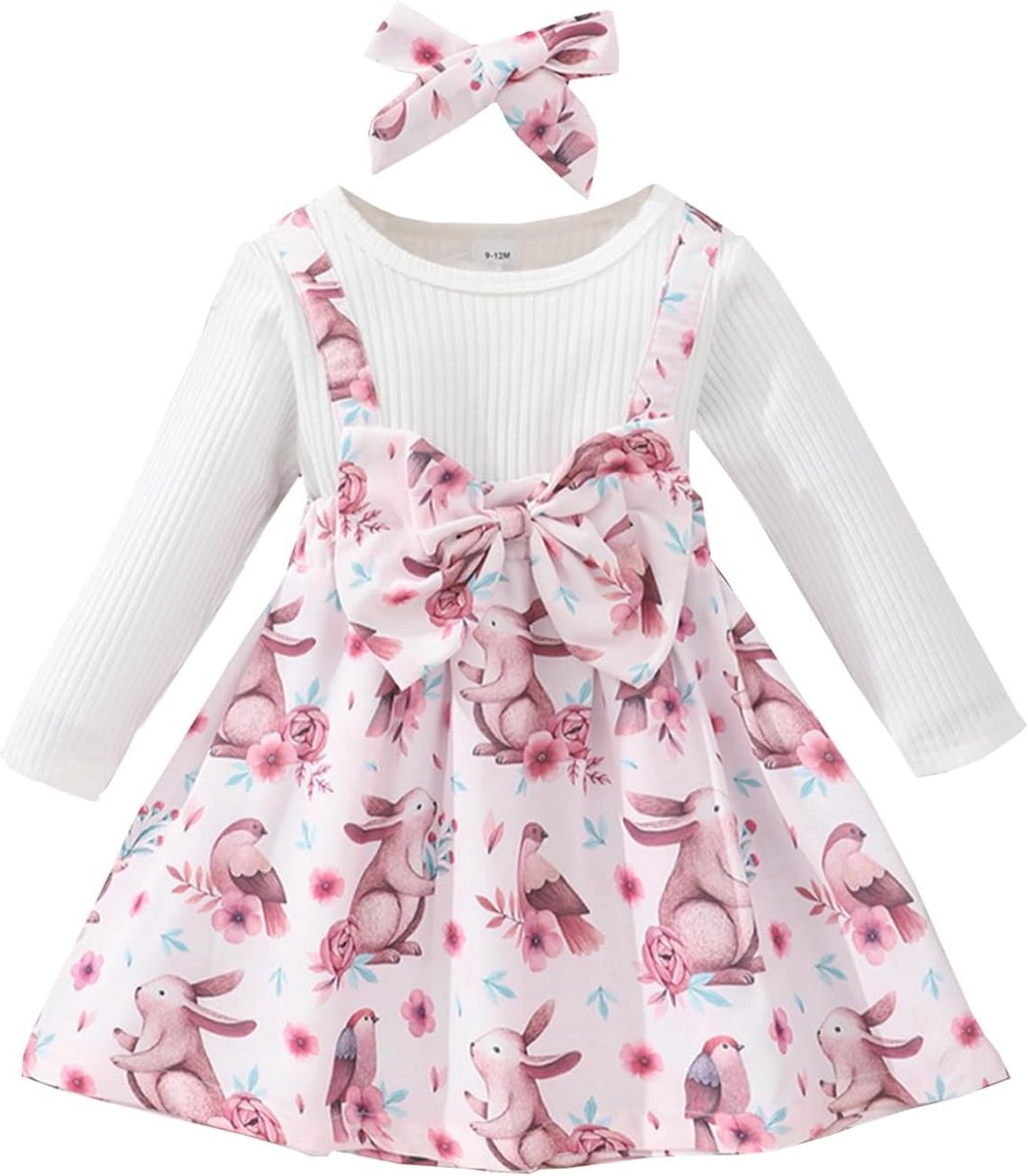 Eerste paasdagoutfits voor peuters Babymeisjes Ruche Tutu met lange mouwen Rokken Konijntjespatroon Tule Prinsessenjurk Herfstkledingset Roze Lange mouw 6-9 maanden