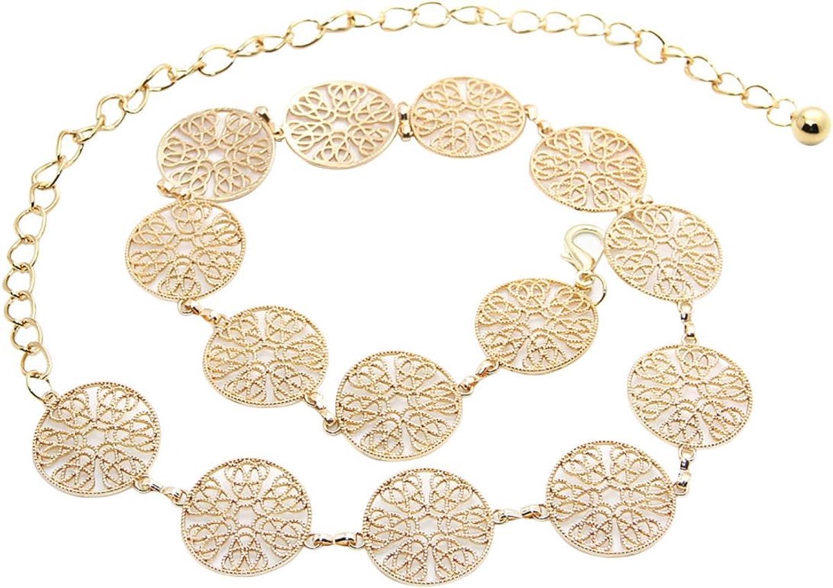 Modieuze kettingriem voor dames, vintage, opengewerkte snijwerk, metalen ring, tailleriem, goud, zilver, verstelbare gesp, lange heupriem, jurk, riem, lichaamsketting