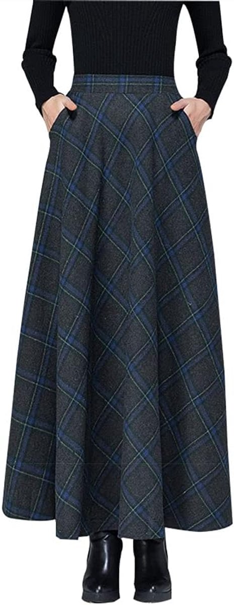 Geruite maxi-damesrok voor de winter, met elegante hoge taille, warme wollen lange elastische getailleerde plooirok, S-3XL