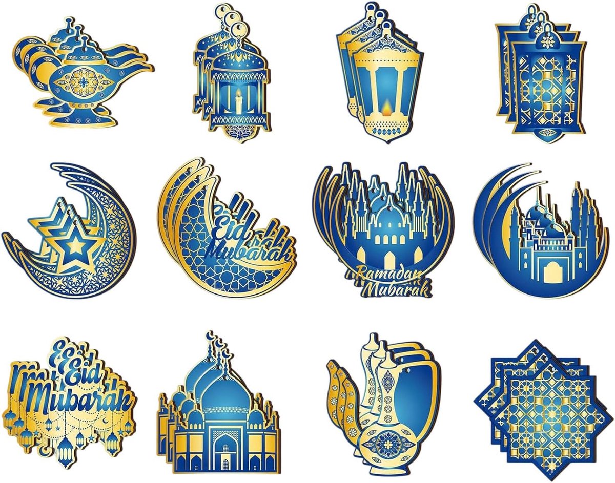 36 Stukken Ramadan Houten Boomversiering Eid Mubarak Decoratie Blauw En Gouden Slotlantaarn Ster Islamitische Hangdecoratie Maan Met Koord Voor Huisdecoratie