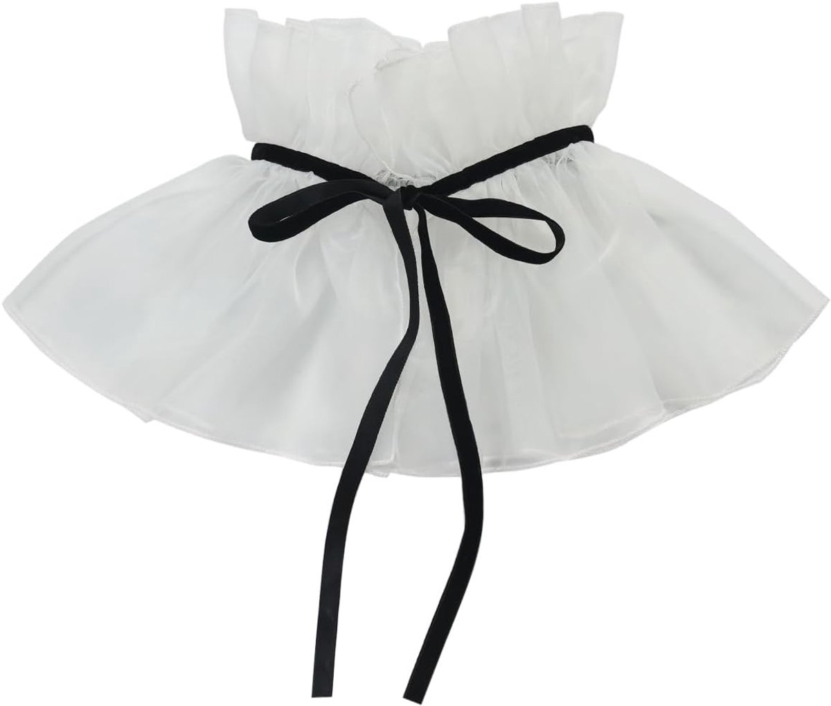 Unisex gegolfde tule nepkraag vintage afneembaar zwart lint vetersluiting clown hals sjaal semi-pure mini cape