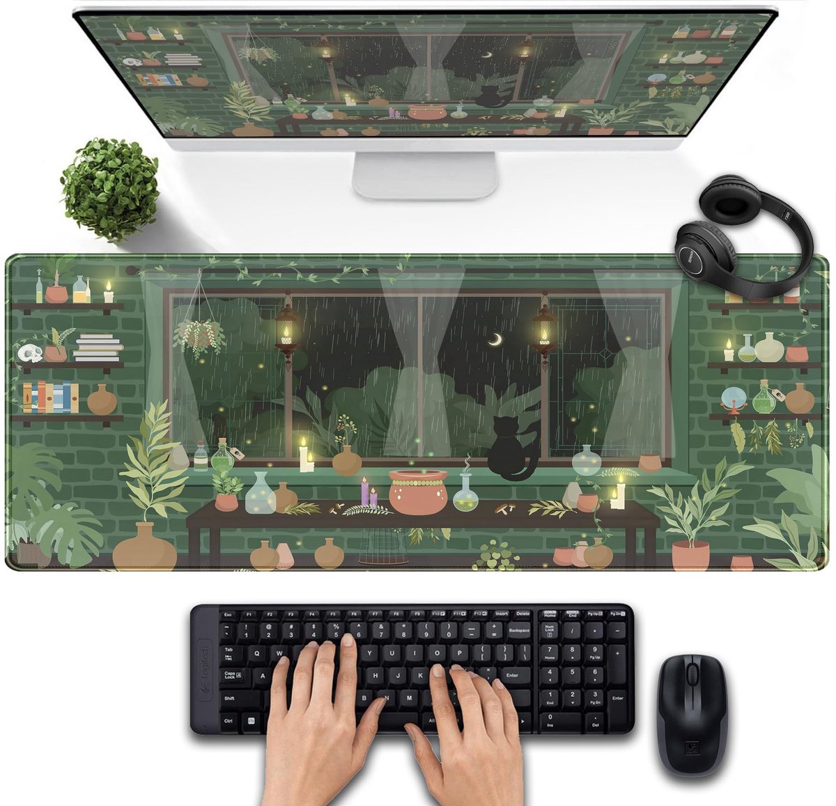 Elzusha - XL Bureau Mat met Groene Planten en Kat Design - Gaming Muismat voor Laptop en Toetsenbord