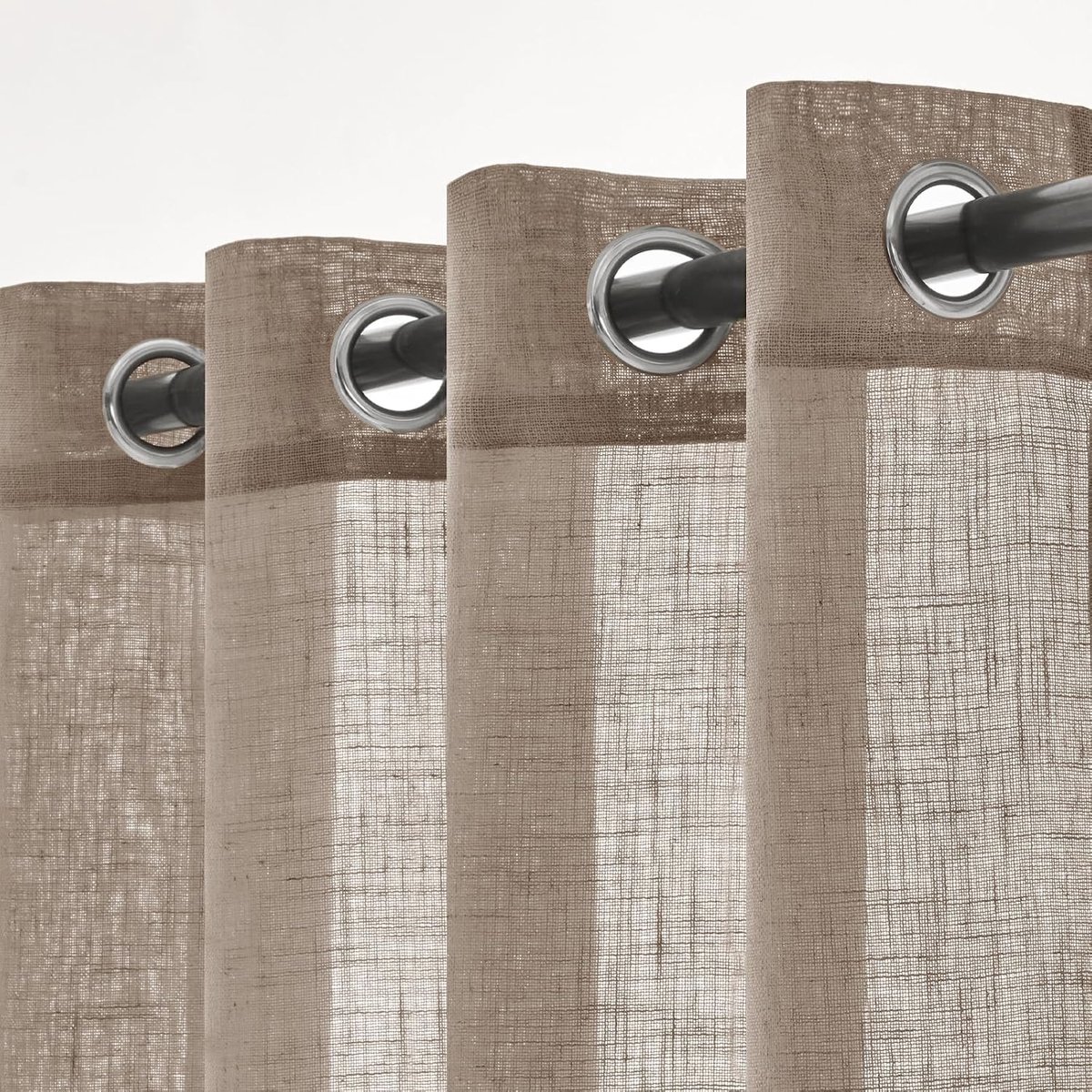Set van 2 transparante linnen gordijnen met ringen - moderne interieurgordijnen voor slaapkamer - woonkamer en raam - 140x225 cm - donkerbruin - Linnenlook en semi-transparante stof voor woonkamer en slaapkamer - moderne gordijnen met zacht licht