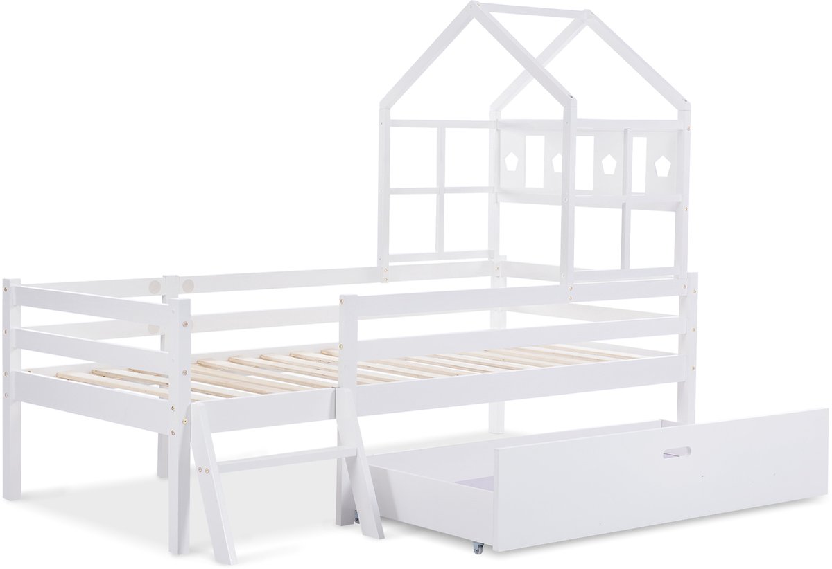 MUVANO Kinderbed - Hoogslaper - Huisbed - 90x200 cm - Houten Bed – Met Lades – Uitvalbeveiliging – Met Ladder - Lattenbodem - Slaapkamer- 1 Stuk - Wit