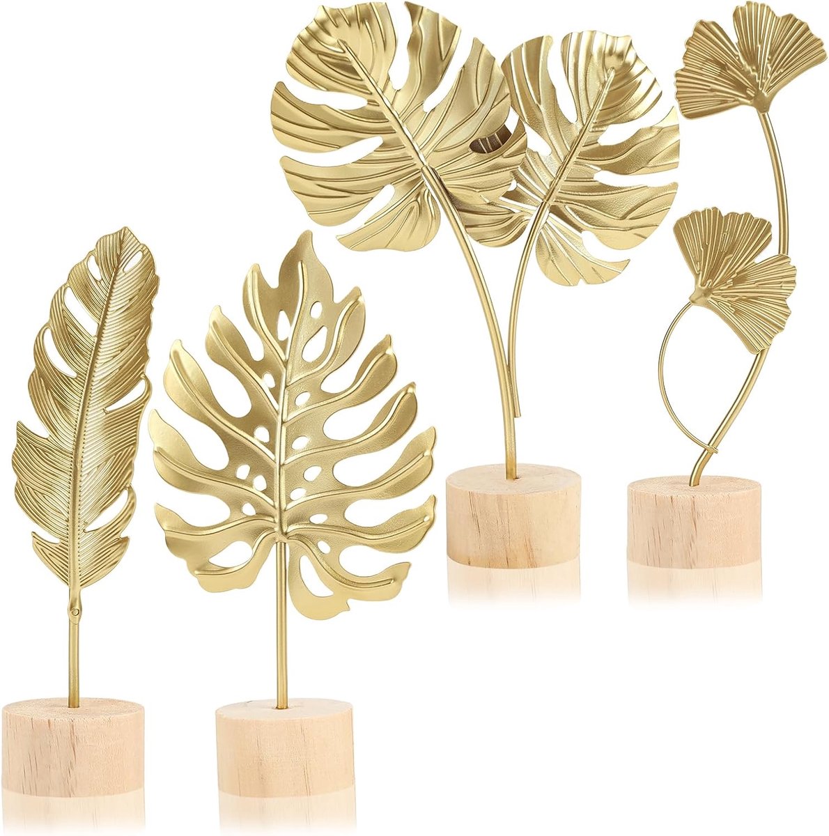 KZQ 4 Gouden Metalen Bladdecoraties met Houten Basis, Modern Woonaccessoire voor Woonkamer, Vensterbank, Bureau, Slaapkamer en Plank