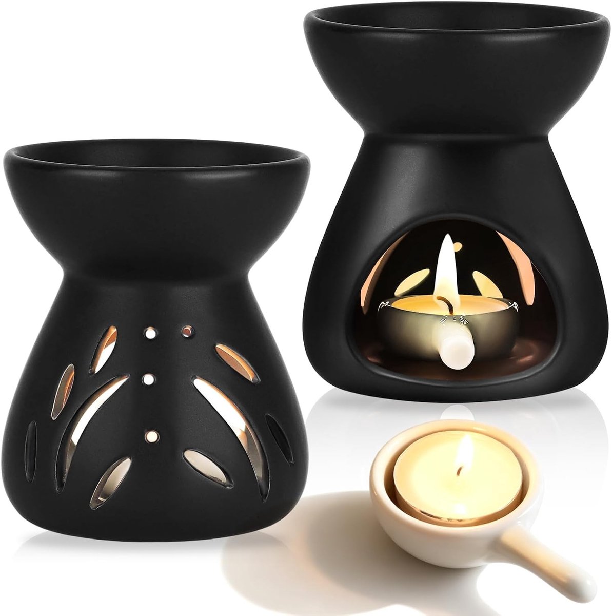 Keramische Geurlampen - Zwart - 9,5 x 9,5 x 11 cm - Duurzame Oliebrander met Kaarslepels - Voor Slaapkamer en Woonkamer