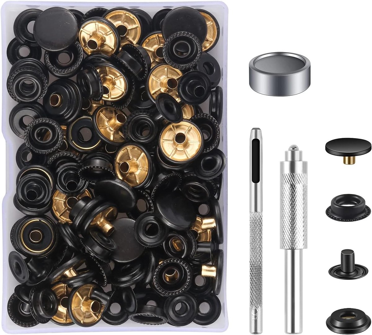 10 Sets Zwarte Drukknoppen, RVS Snap Fasteners Kit met Handgereedschap, 15mm Zwarte Metalen Knoppen voor Kleding, Jeans en Rugzakken