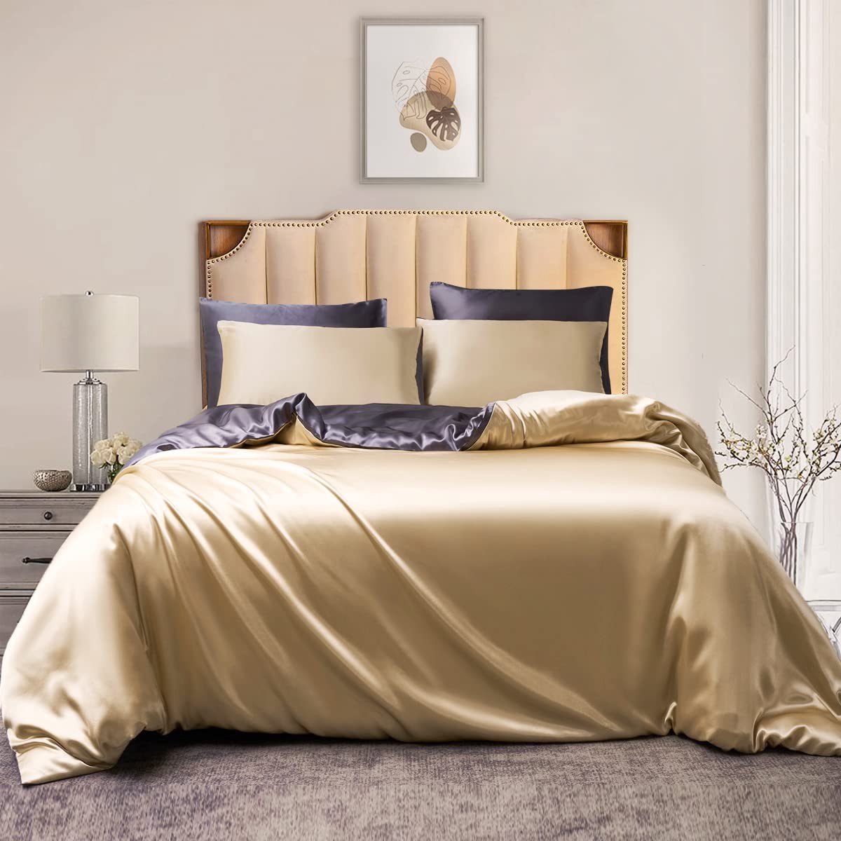 SolidKeus - Satijnen Dekbedovertrekset 155 x 220 cm Beige Grijs met 2 Kussenslopen